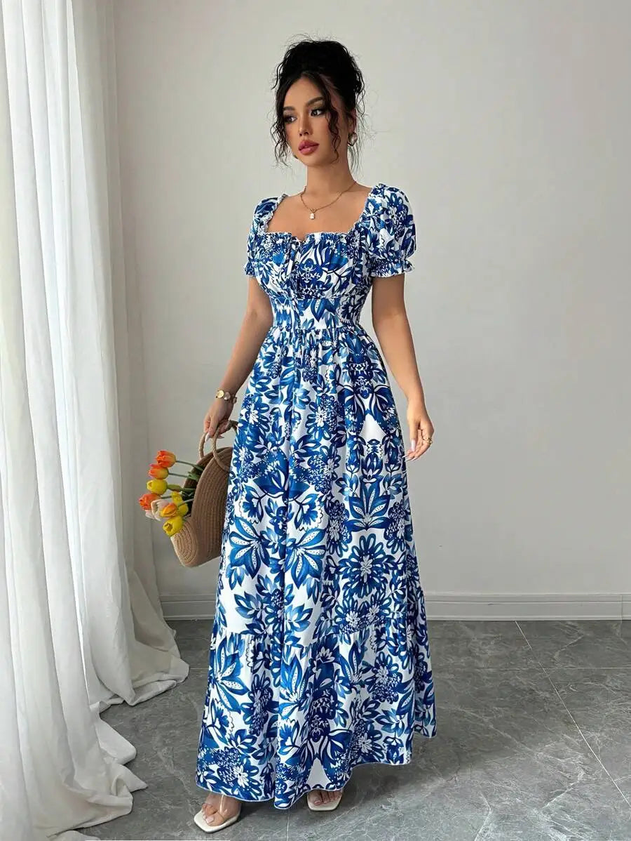 Vestido Longo Estampa Floral Azul Elegante by Loja Bruna Modas