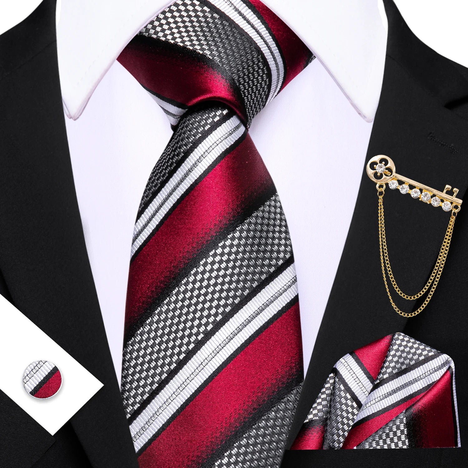 Conjunto de Gravata Masculina com Broche e Lenço