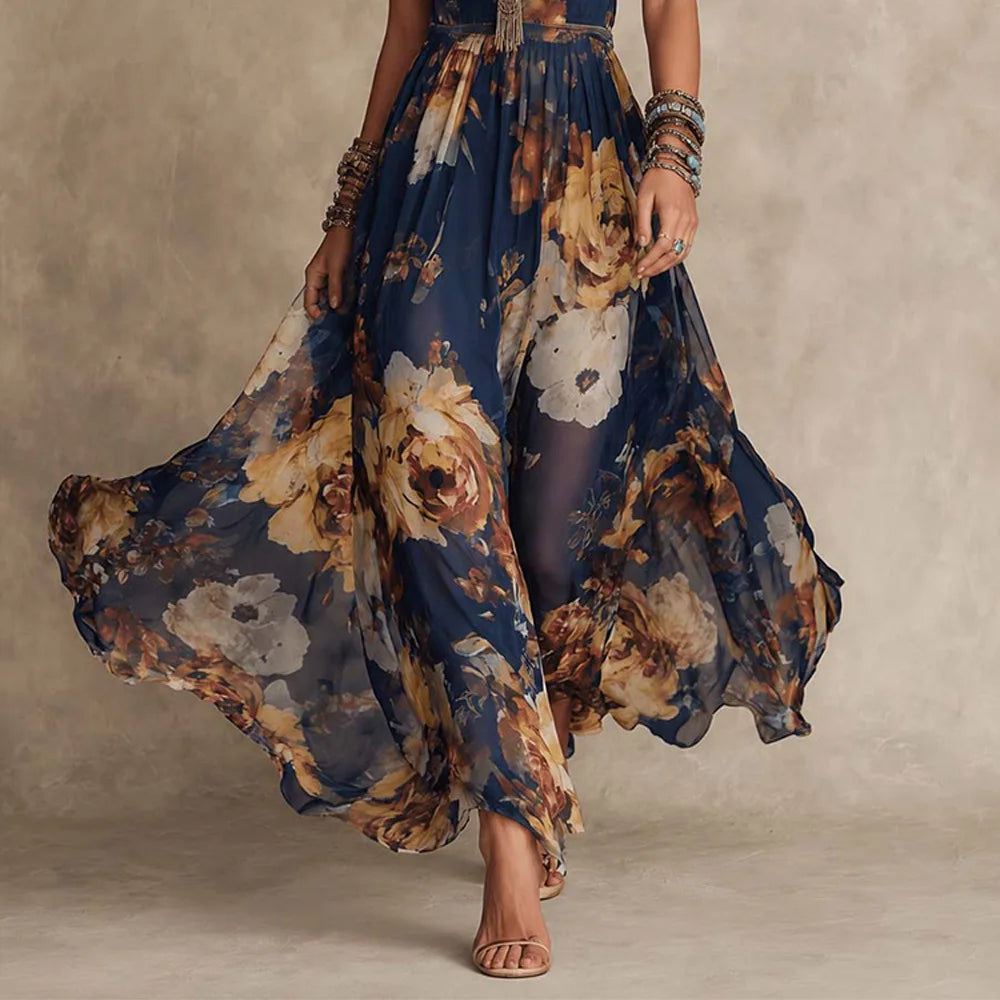 Vestido Maxi Boho Floral Estampado Decote V Alças Finas Sem Manga