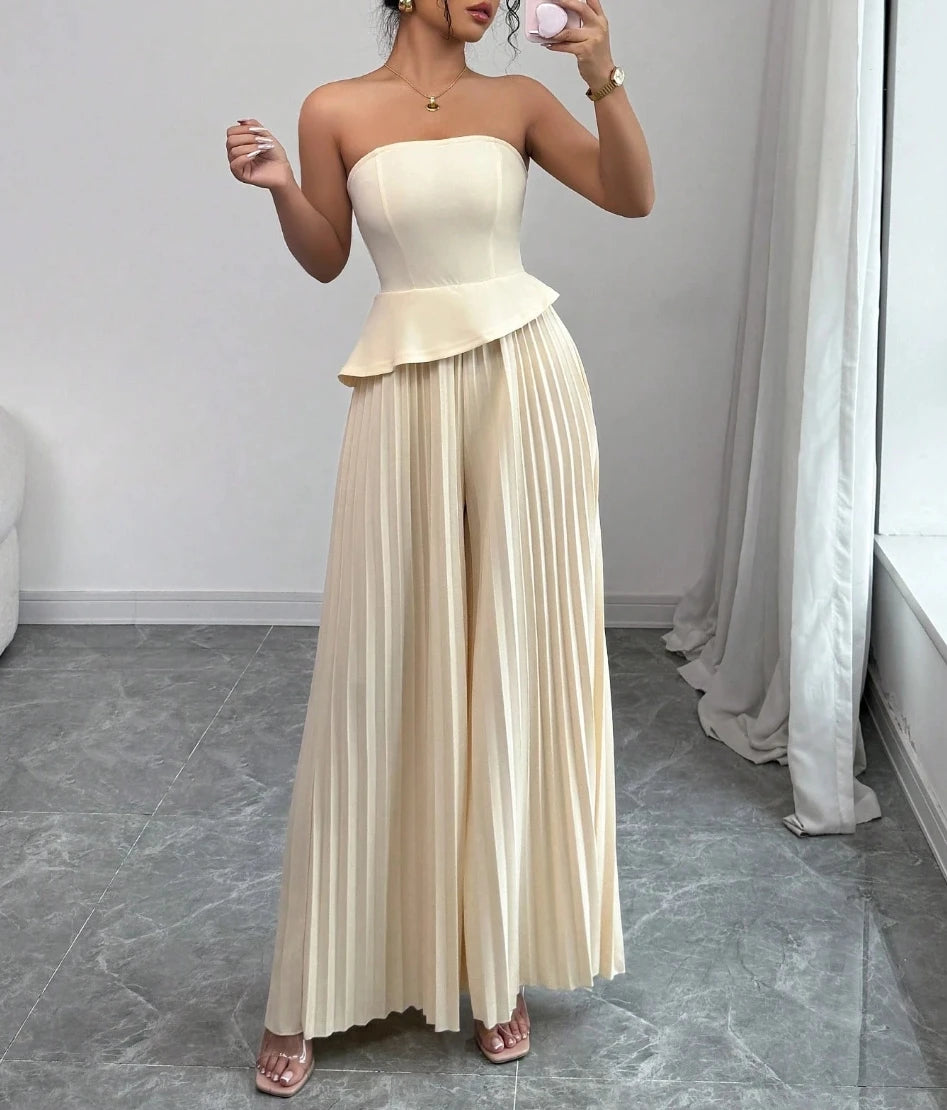 Macacão Feminino Bege Tomara que Caia Wide Leg by Loja Bruna Modas