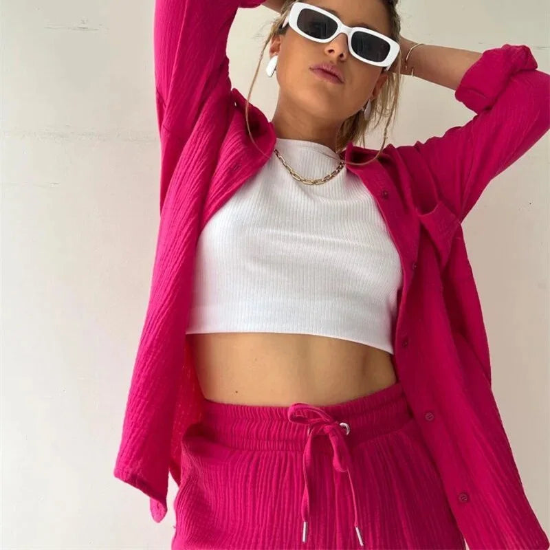 Conjunto Feminino Plissado Casual de Duas Peças
