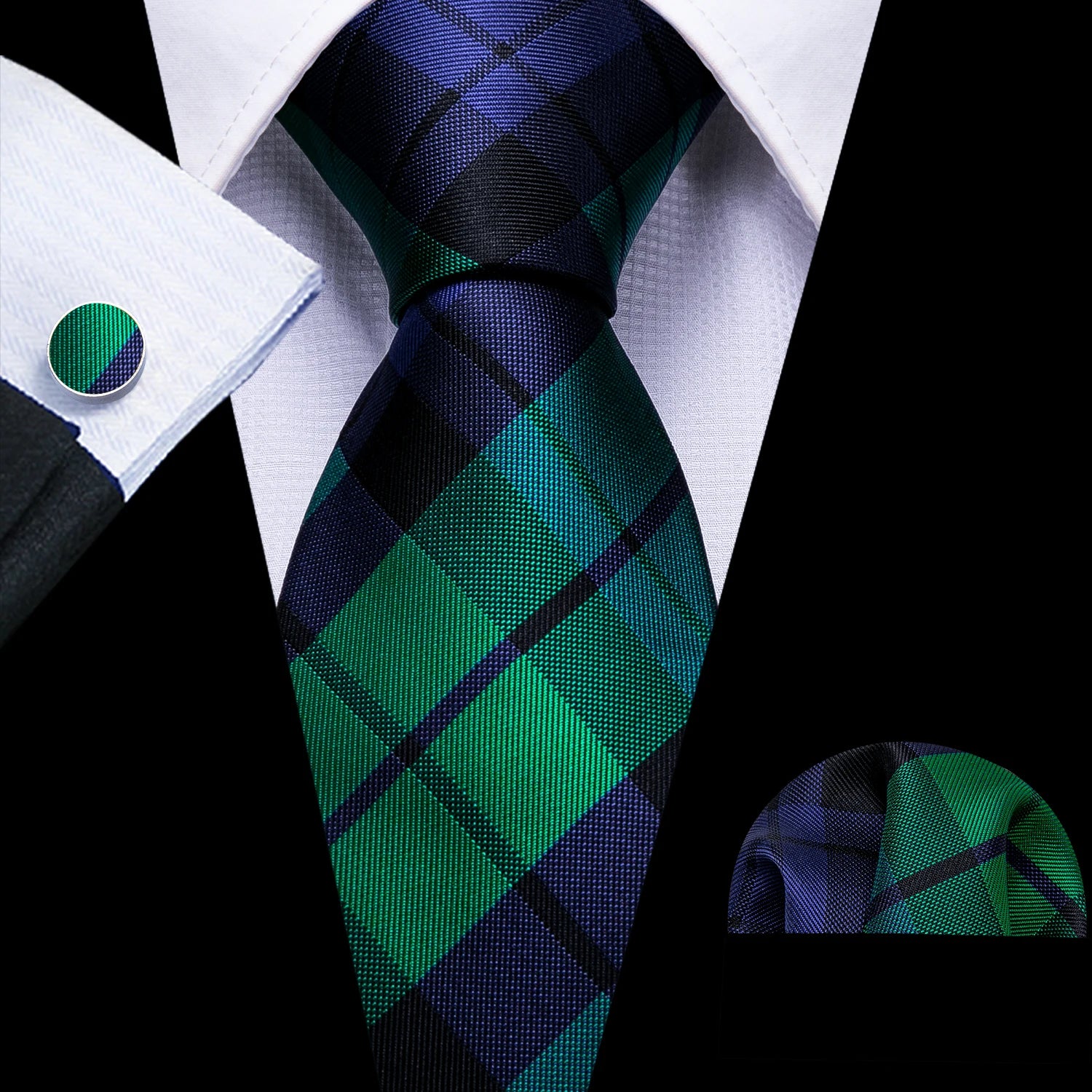 Conjunto de Gravata Masculina Clássica Xadrez com Lenço e Abotoaduras