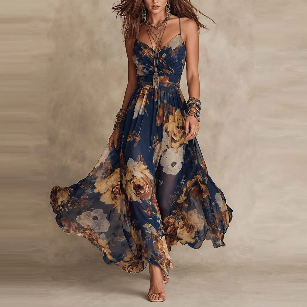 Vestido Maxi Boho Floral Estampado Decote V Alças Finas Sem Manga