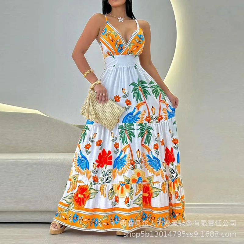 Vestido Longo Feminino Maxi Estampado Tropical