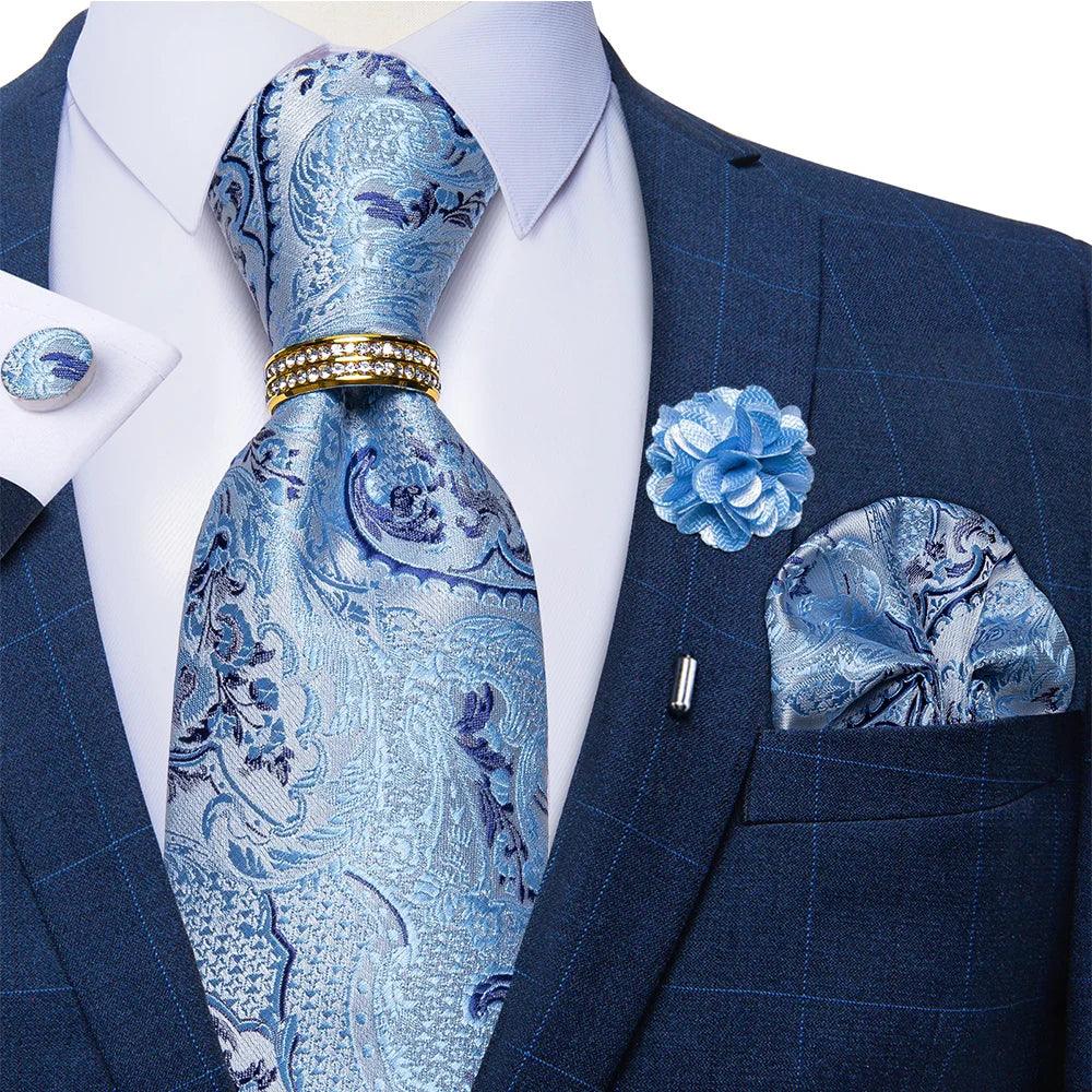 Kit Gravata Masculina Floral de 8cm com Lenço, Abotoaduras e Broche