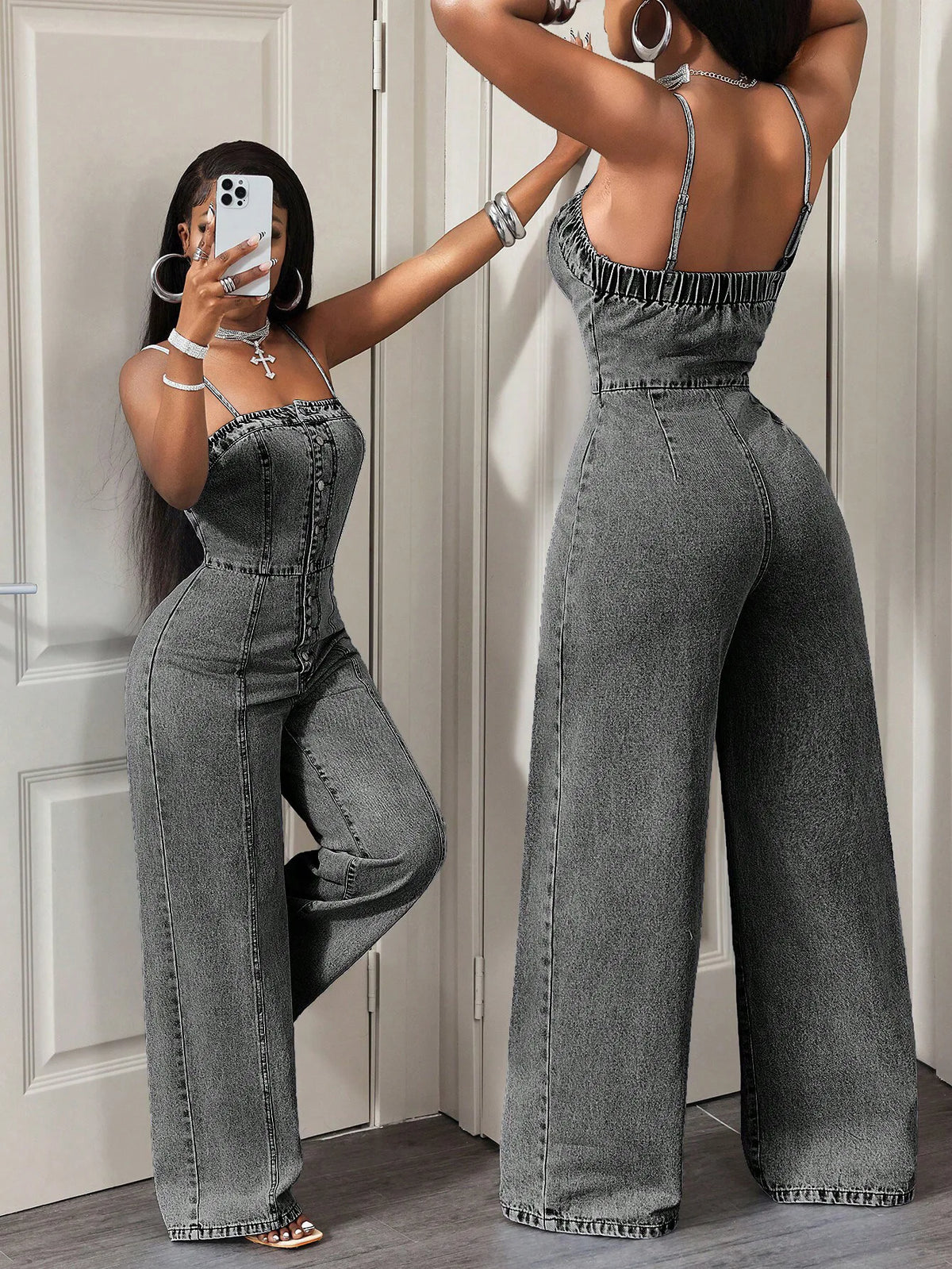 Macacão Feminino Jeans Costas Abertas Bellavira