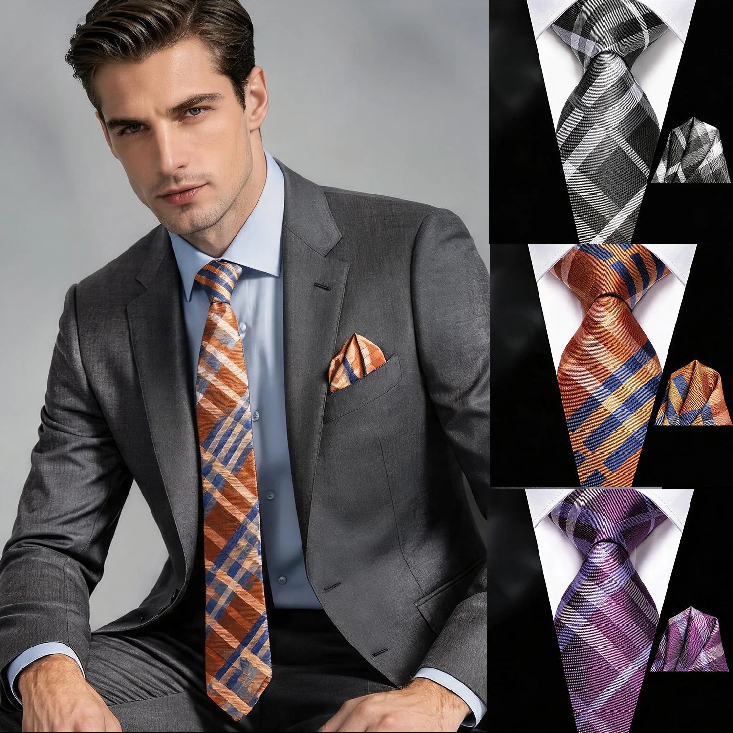 Gravata Masculina Formal de Poliéster com Lenço de Bolso