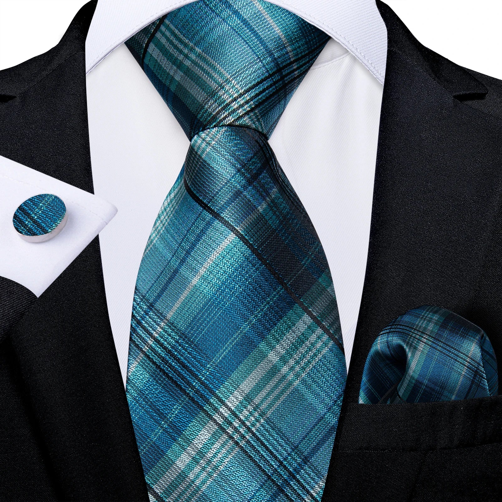 Conjunto Gravata Azul Escuro Masculina Com Lenço E Abotoaduras Para Casamento