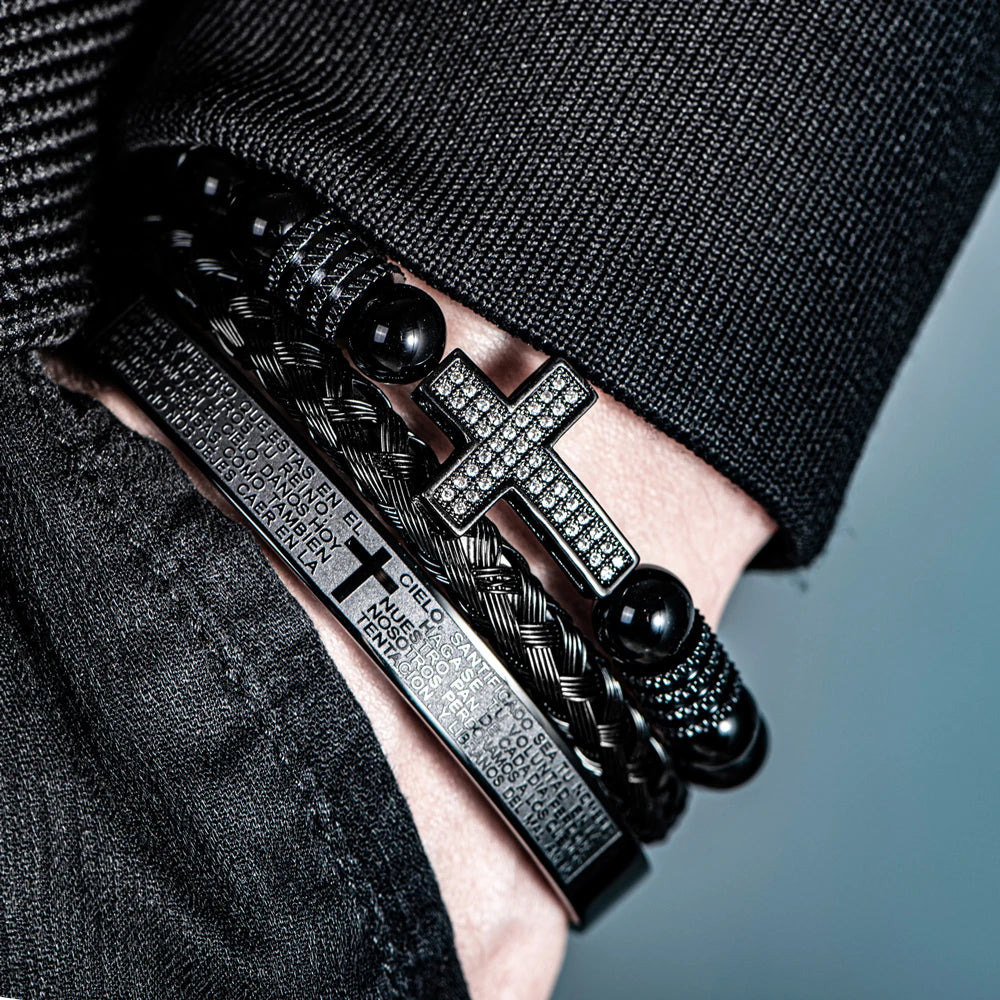 Pulseira Masculina Vintage com Contas de Ônix