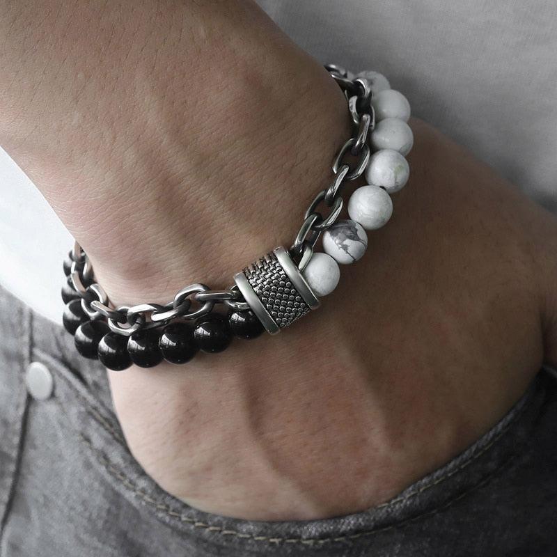 Pulseira Masculina de Contas de Aço Inoxidável