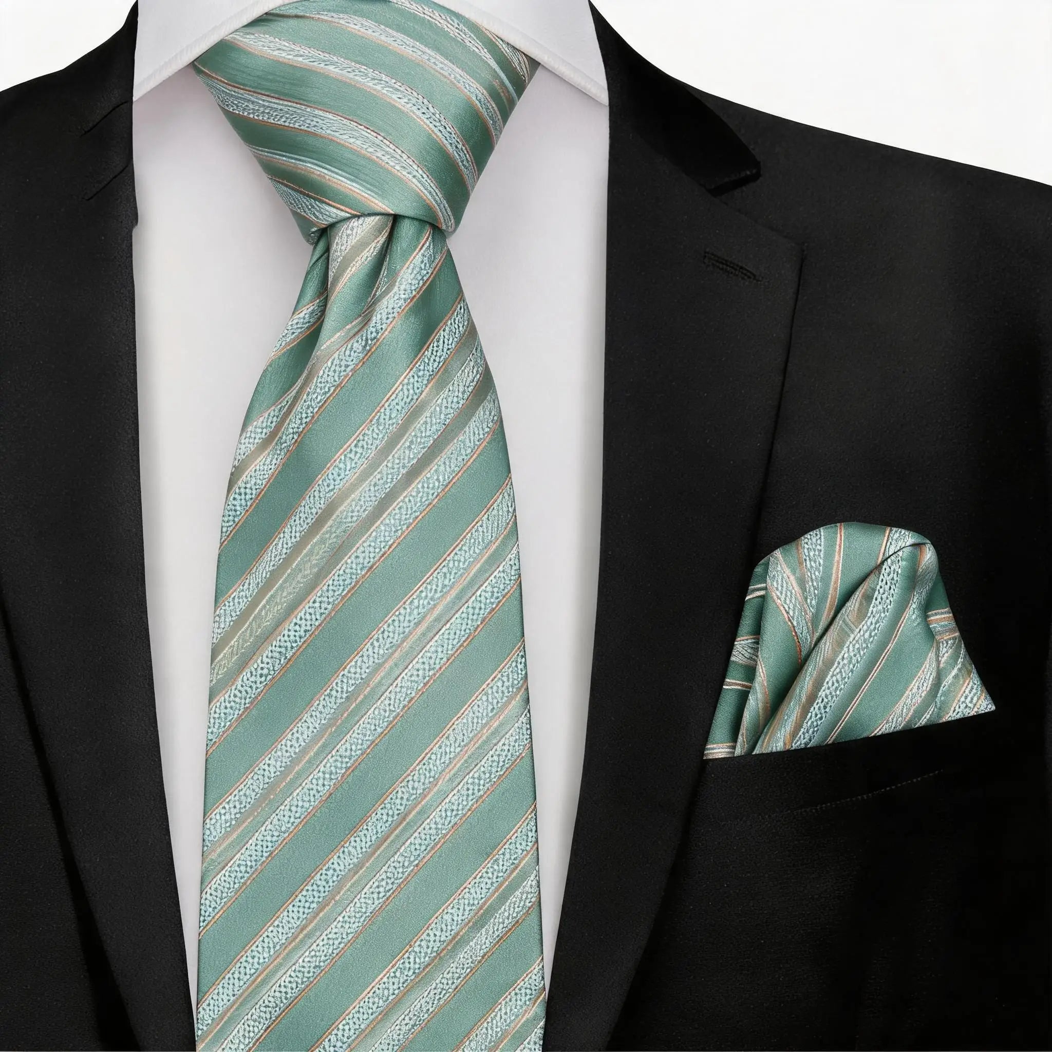 Gravata Masculina Verde Menta Listrada com Lenço de Bolso