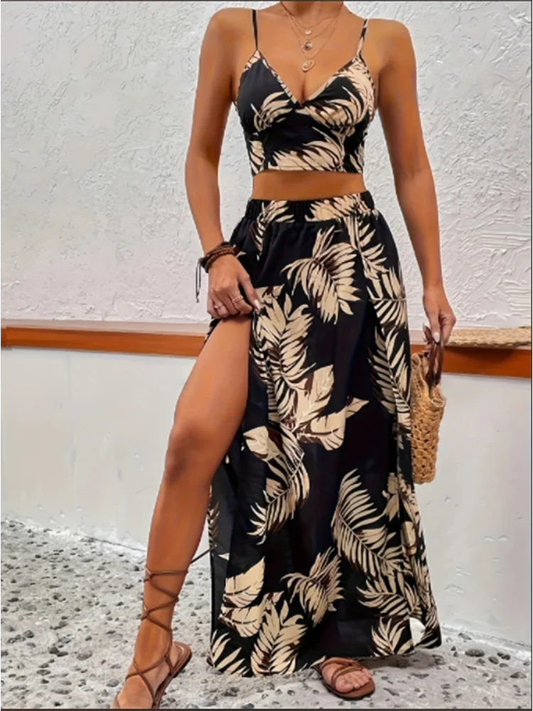Conjunto Feminino Casual Estampado Com Decote Profundo E Fenda