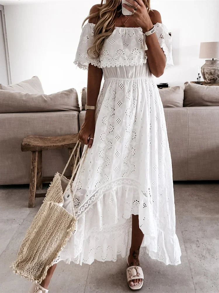 Vestido Longo Feminino Casual Babados de Renda by Loja Bruna Modas