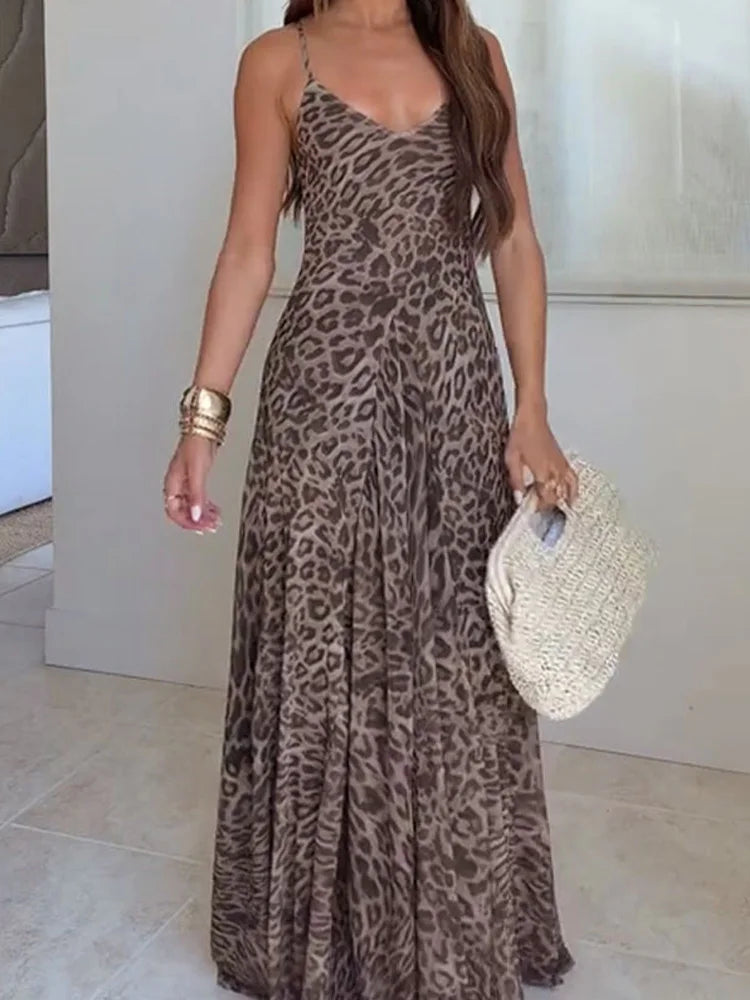 Vestido Feminino Verão Leopardo Cintura Alta Sem Costas Decote V Longo Maxi Chic