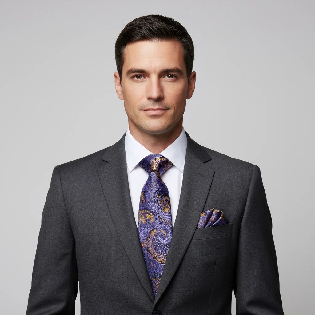 Conjunto 3 Peças Gravata Masculina Poliéster Roxa com Lenço e Abotoaduras