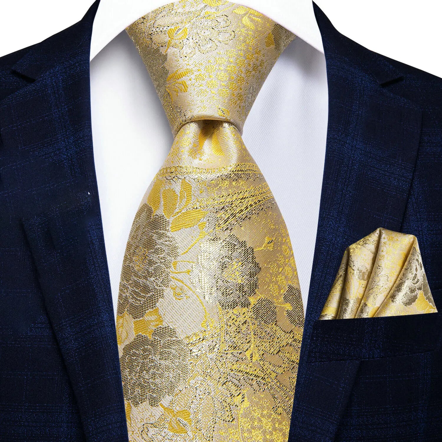 Gravata Masculina de Poliéster Amarelo Floral com Lenço de Bolso