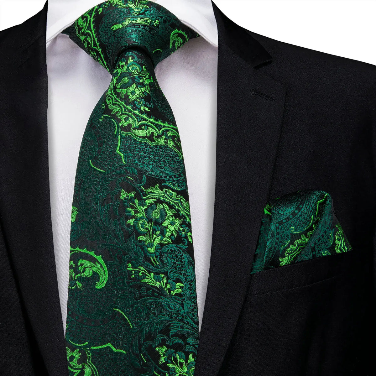 Gravata Masculina Verde Escuro Floral com Lenço de Bolso