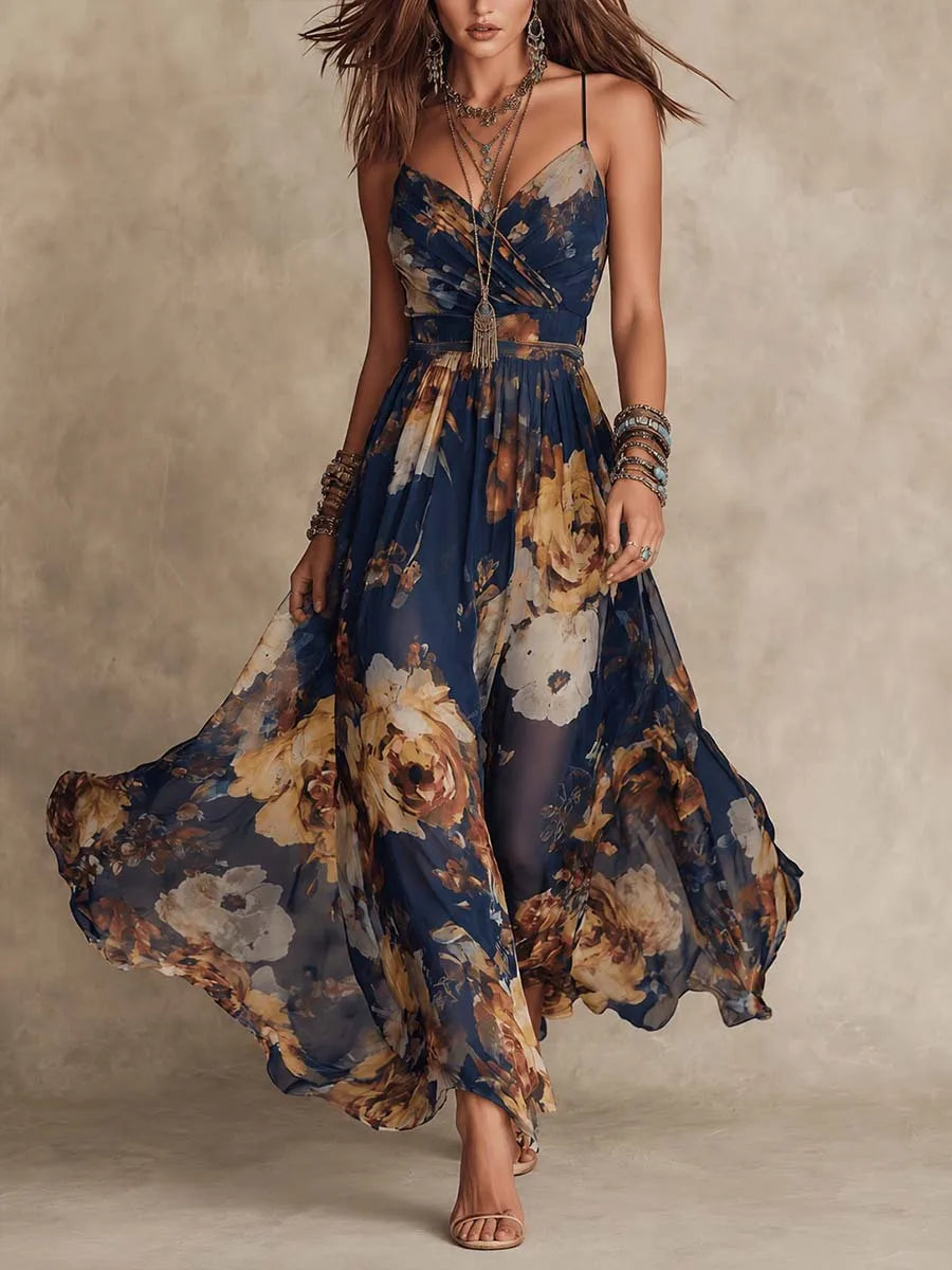 Vestido Maxi Boho Floral Estampado Decote V Alças Finas Sem Manga