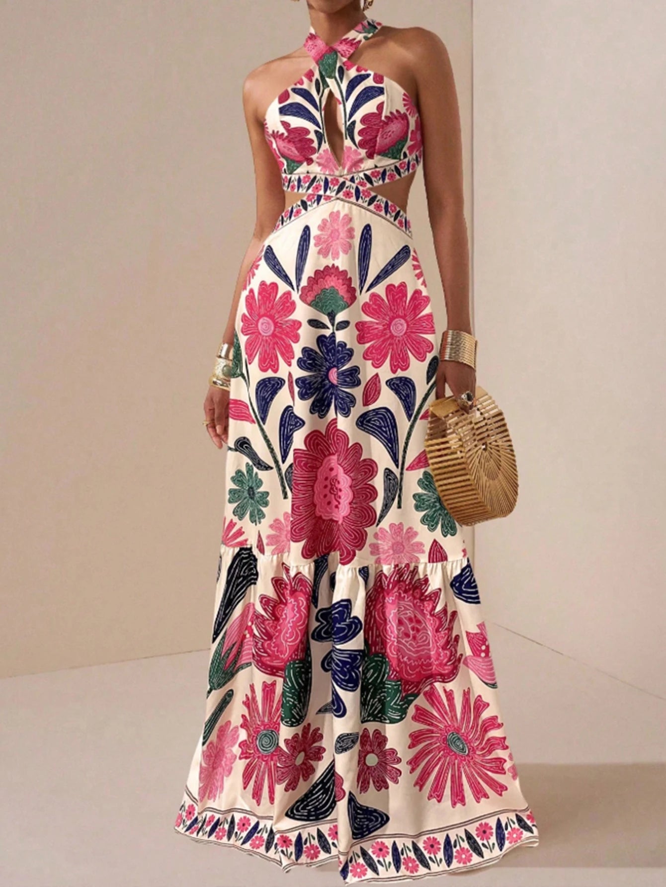 Vestido Longo Feminino Estampa Floral Decote Halter by Loja Bruna Modas