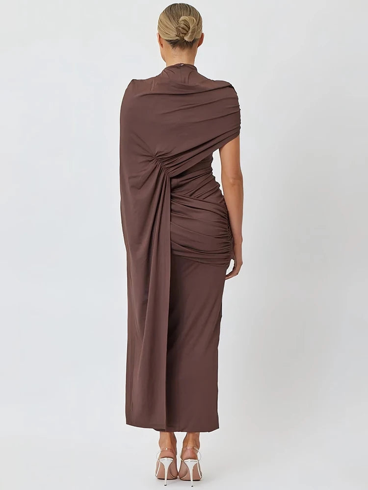 Vestido Feminino Drapeado com Gola Alta Elegante by Loja Bruna Modas