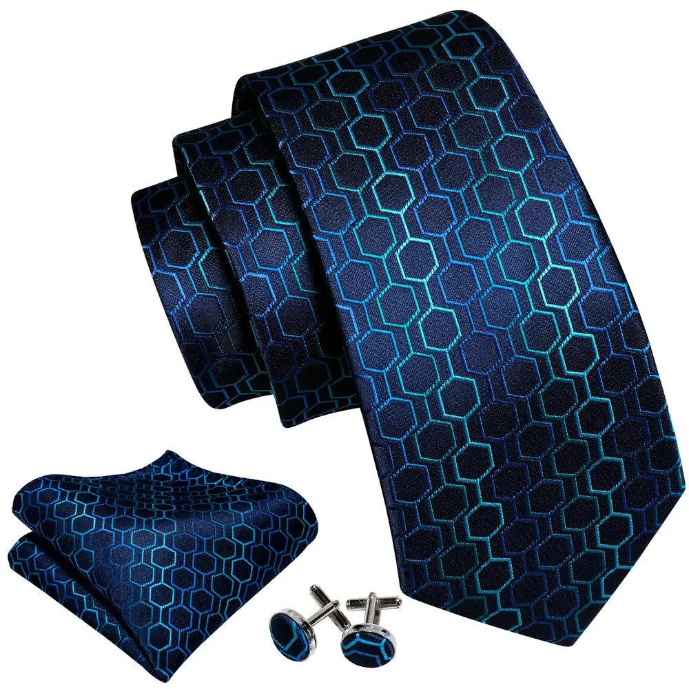 Gravata Masculina de Seda Azul Geométrica com Lenço e Abotoaduras