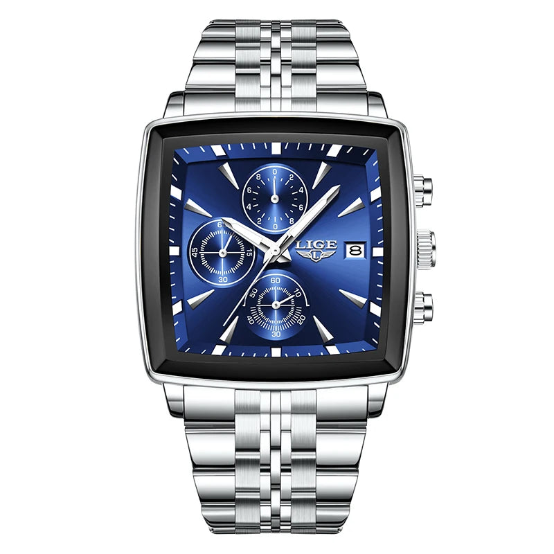 Relógio de Pulso Masculino Quadrado Pulseira de Aço by Loja Bruna Modas