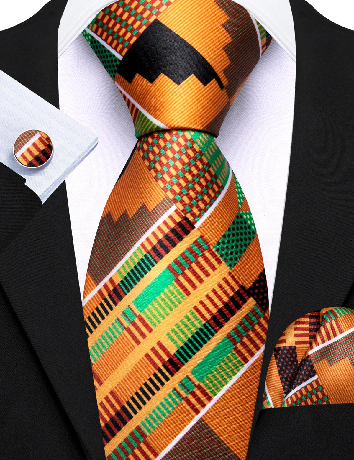Gravata Masculina Xadrez de Poliéster com Lenço de Bolso e Abotoaduras