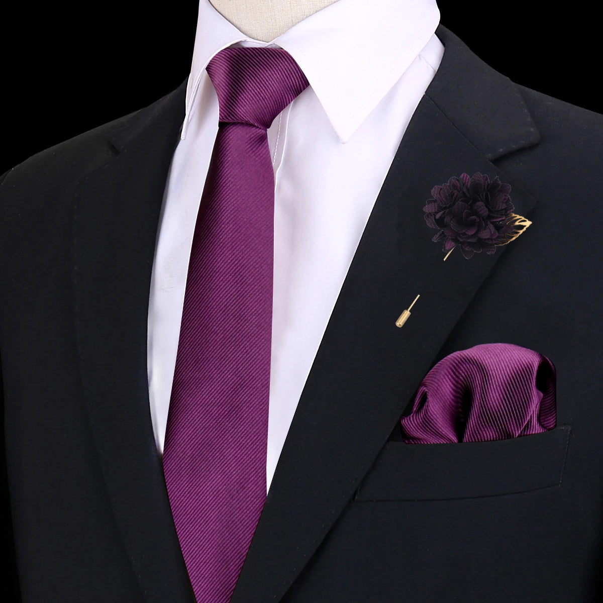 Gravata Masculina Lisa Poliéster com Broche e Lenço de Bolso