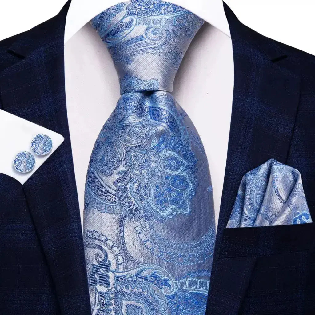 Kit de Gravata Masculina de Luxo Azul com Lenço de Bolso