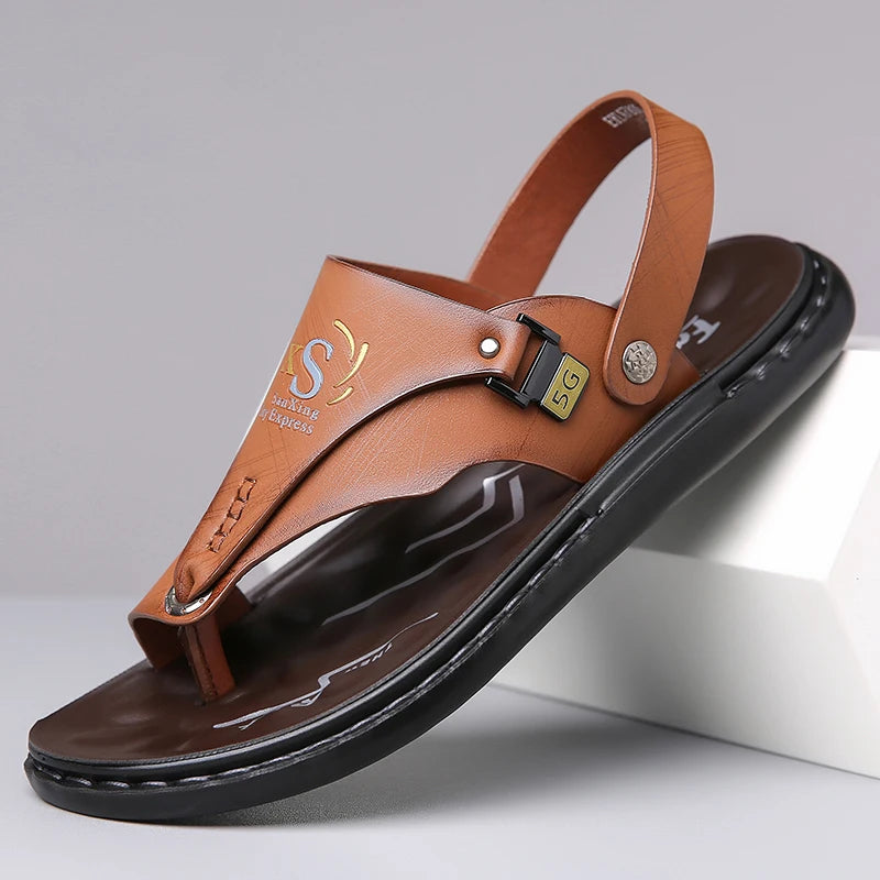 Sandália Masculina de Couro PU de Sola Grossa Antiderrapante