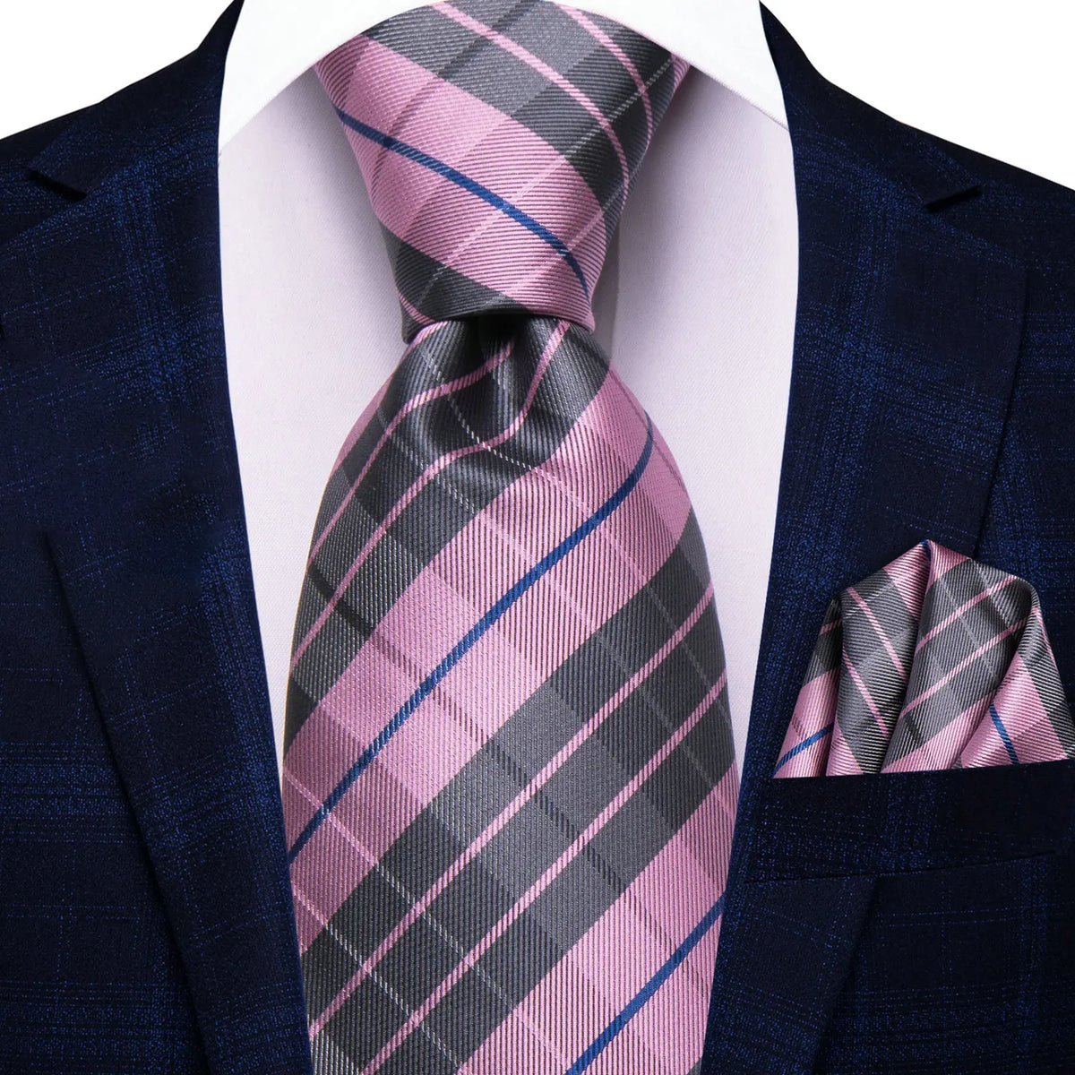 Gravata Masculina Rosa Xadrez com Lenço de Bolso