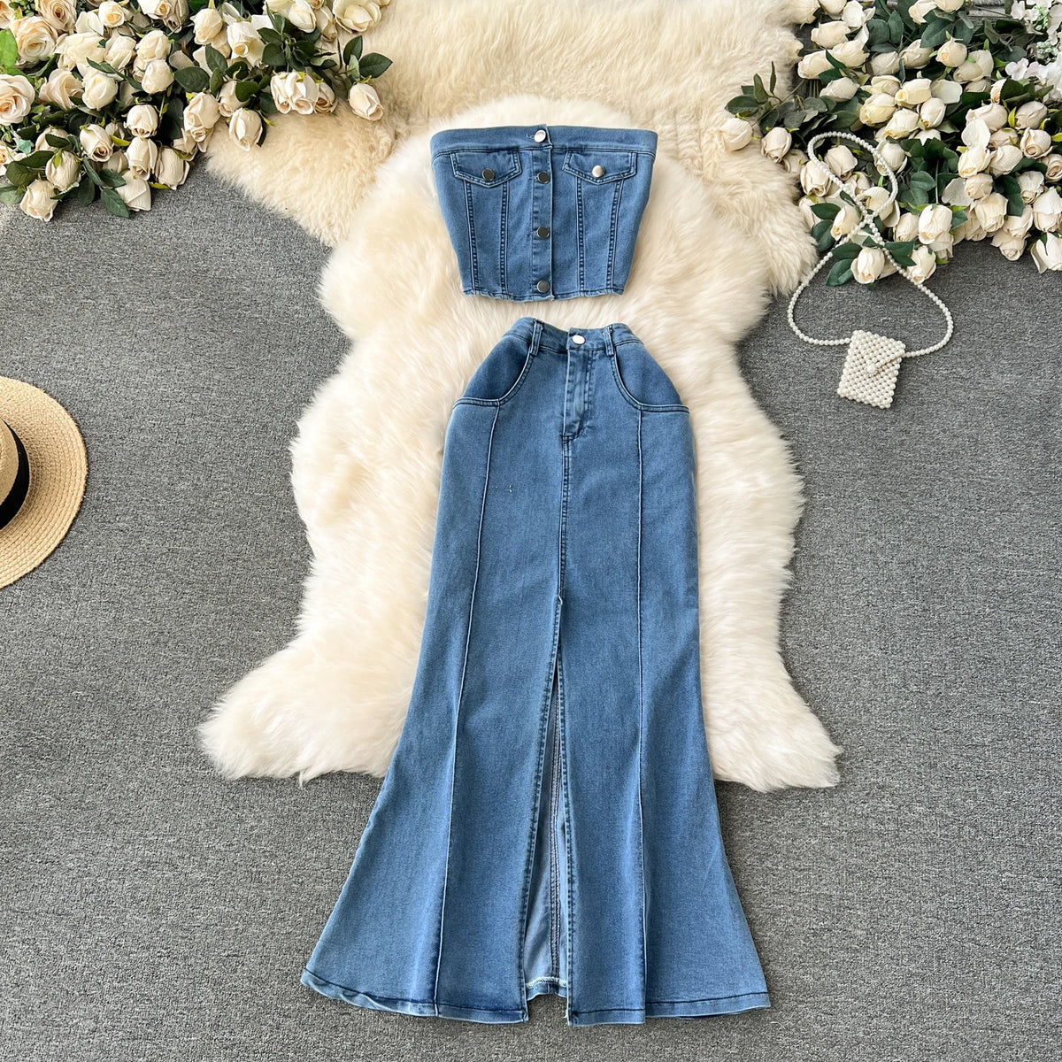 Conjunto Feminino Jeans Top e Saia Longa Virela