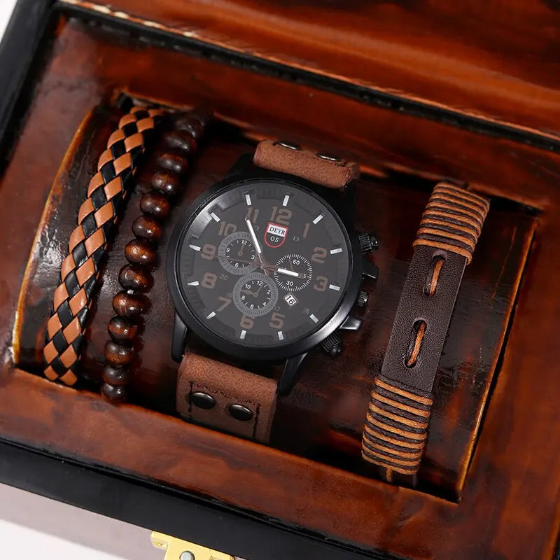 Conjunto de Jóias Masculino com Relógio Esportivo e Pulseira de Couro PU