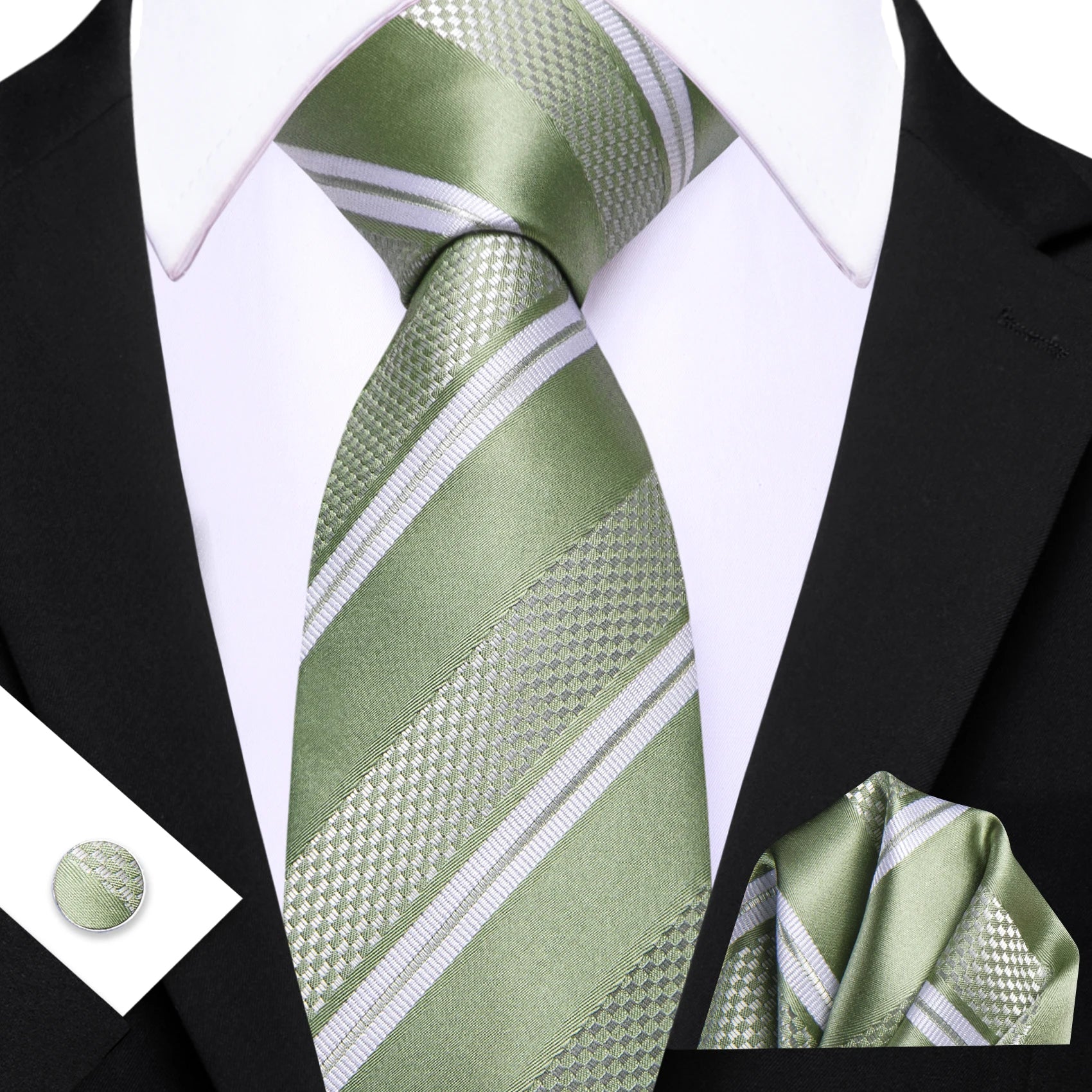 Conjunto de Gravata Masculina Poliéster Listrada com Lenço e Abotoaduras