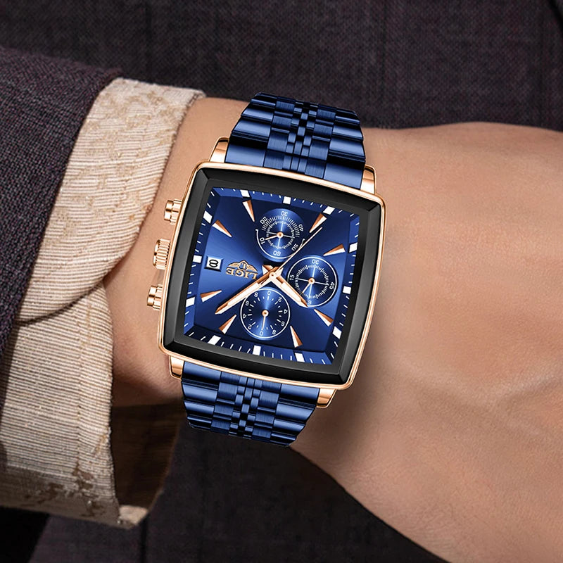 Relógio de Pulso Masculino Quadrado Pulseira de Aço by Loja Bruna Modas