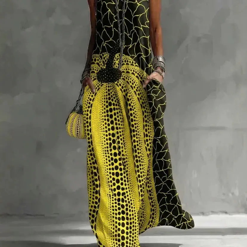 Vestido Longo Feminino com Estampa Abstrata e Gola Redonda