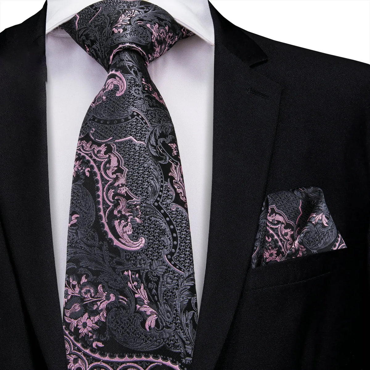 Gravata Masculina Preta e Rosa Floral com Lenço de Bolso