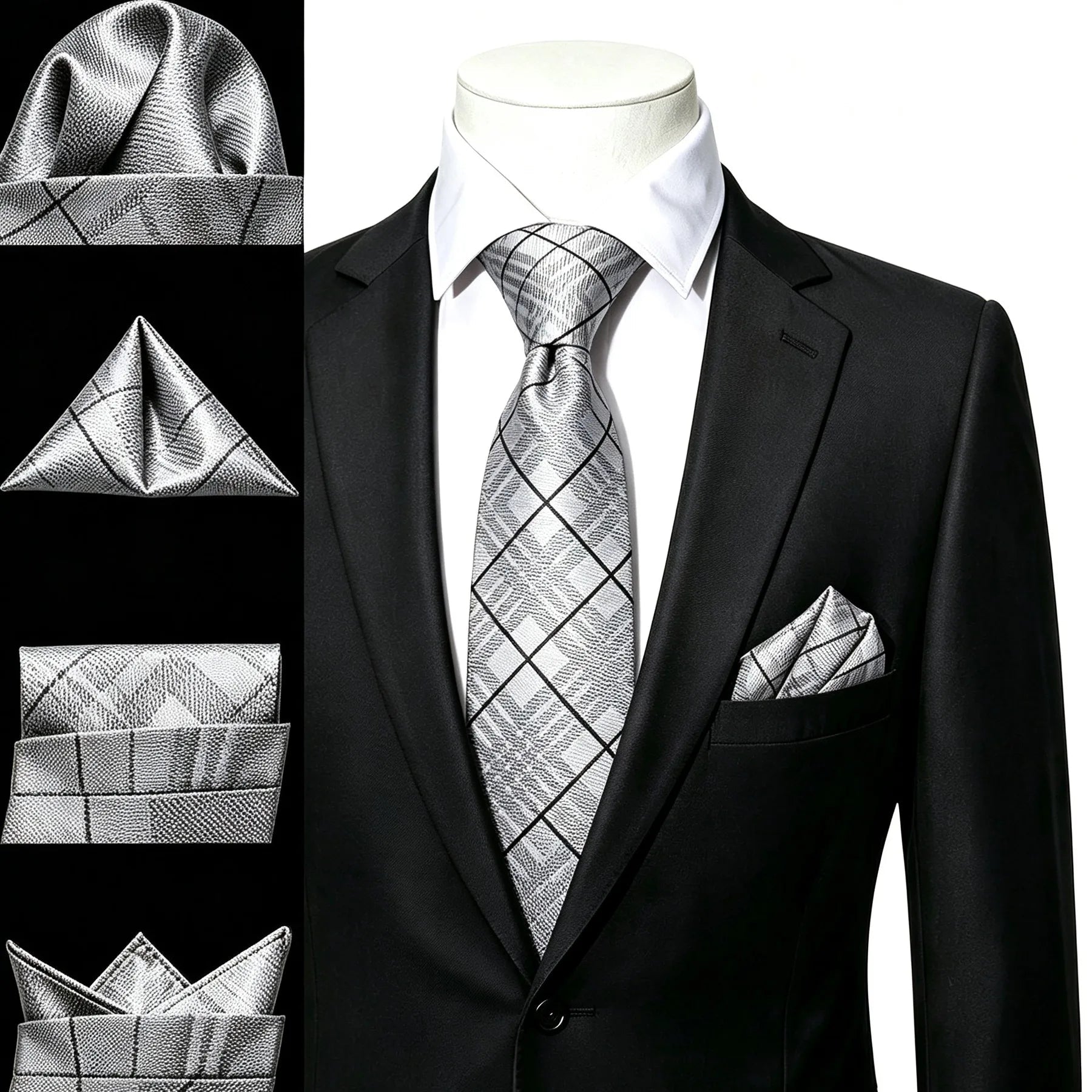 Gravata Masculina Cinza Claro com Lenço de Bolso