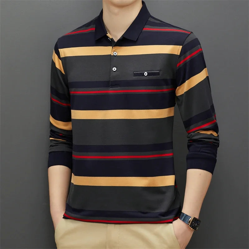 Camisa Polo Listrada Manga Comprida Estilo Casual
