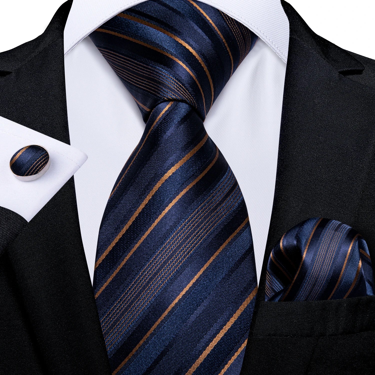 Conjunto Gravata Azul Escuro Masculina Com Lenço E Abotoaduras Para Casamento