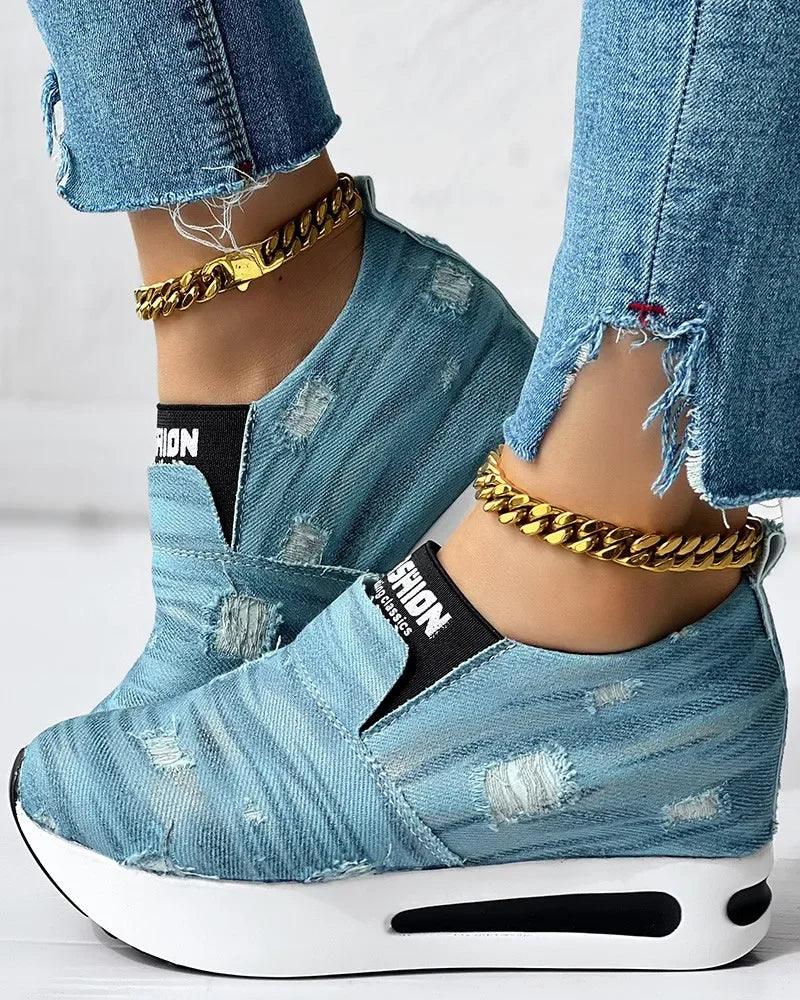 Tênis Feminino Casual Denim Rasgado