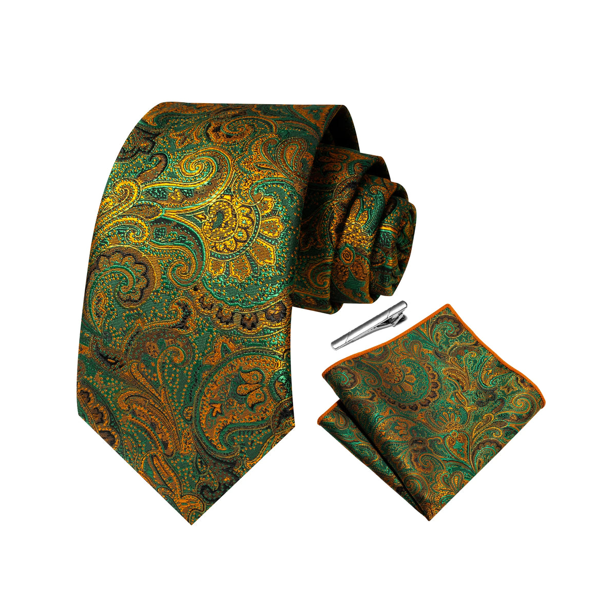 Gravata Masculina Poliéster com Estampa Paisley com Lenço de Bolso