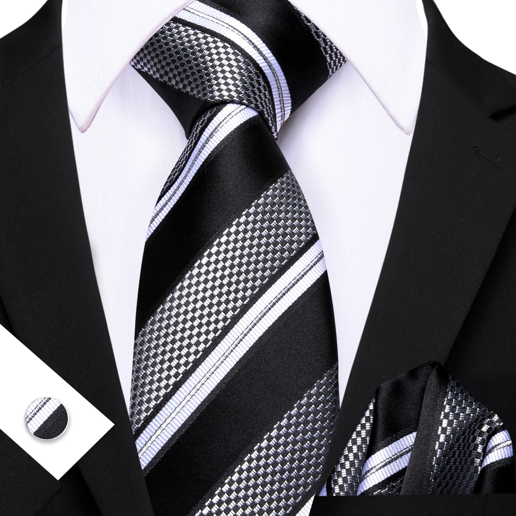 Kit Gravata Masculina Poliéster Listrada Social com Lenço de Bolso