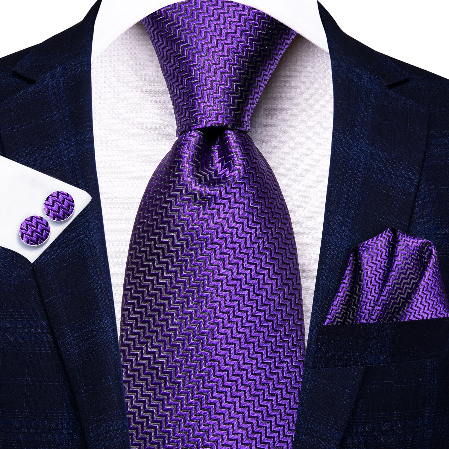 Conjunto 3 Peças Gravata Masculina Poliéster Roxa com Lenço e Abotoaduras