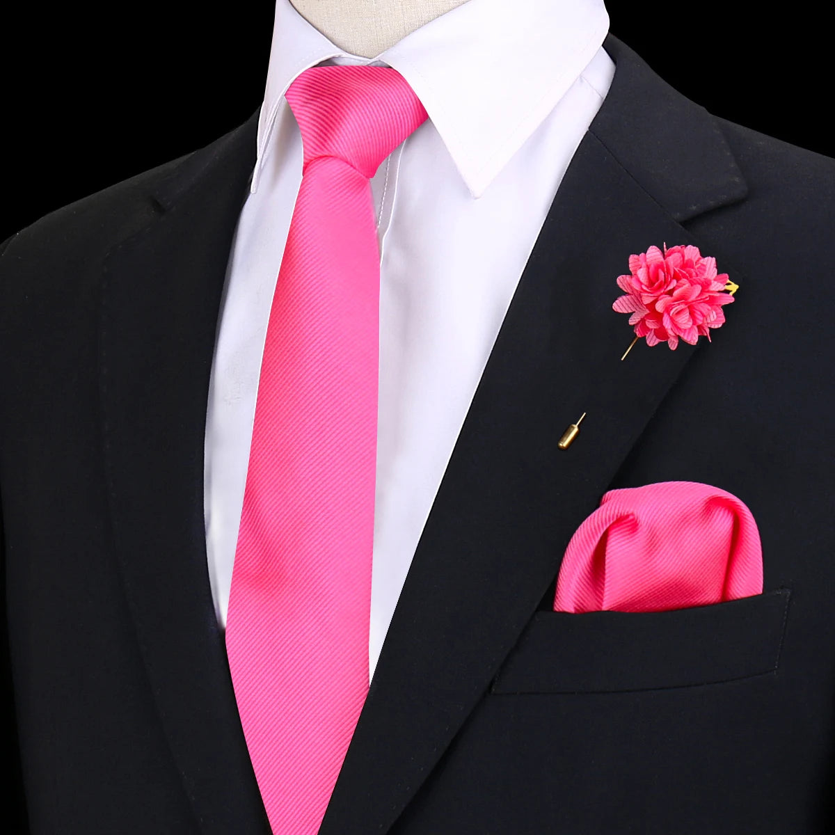 Gravata Masculina Lisa Poliéster com Broche e Lenço de Bolso
