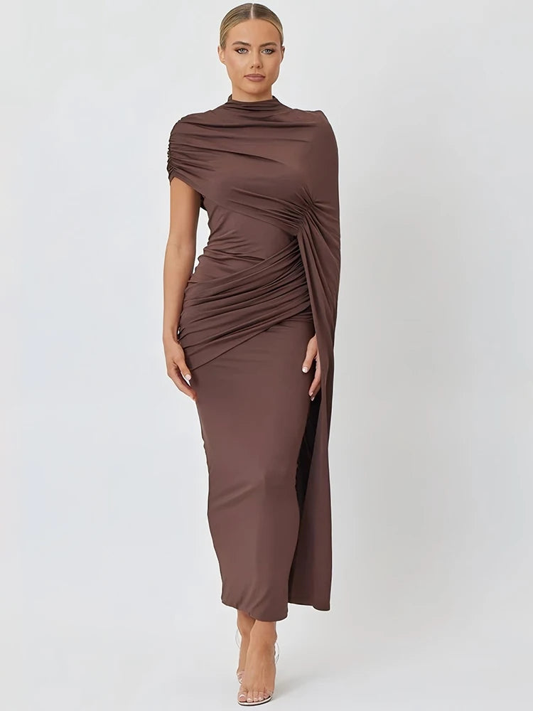Vestido Feminino Drapeado com Gola Alta Elegante