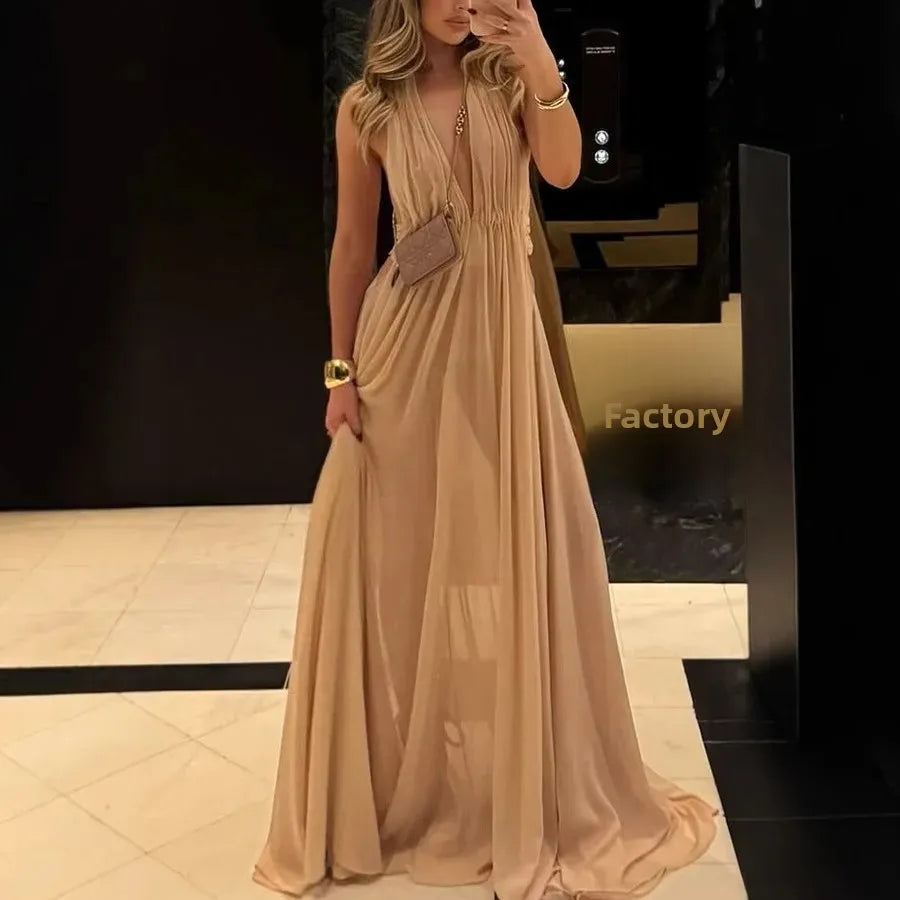 Vestido Longo Feminino de Festa com Decote em V Profundo