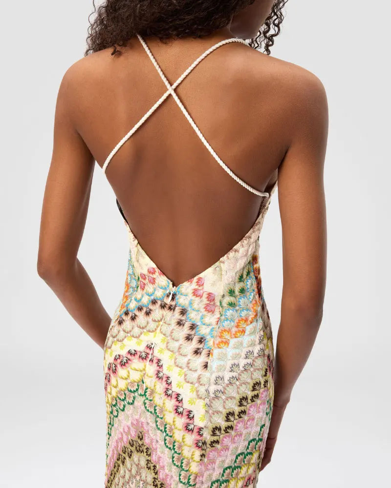 Vestido Longo Feminino de Crochê com Decote em V