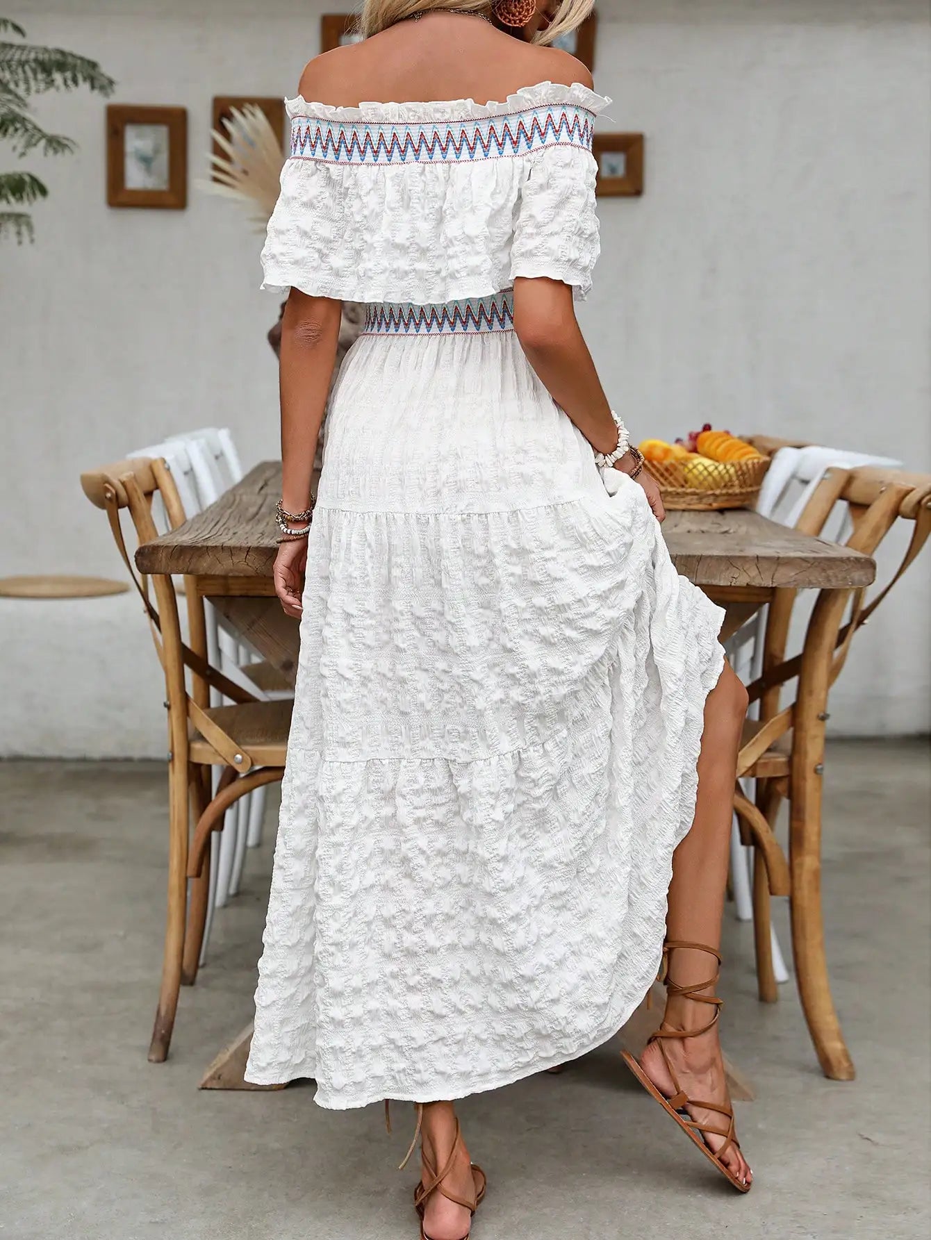 Vestido Longo Feminino Renda Texturizada Ombro á Ombro
