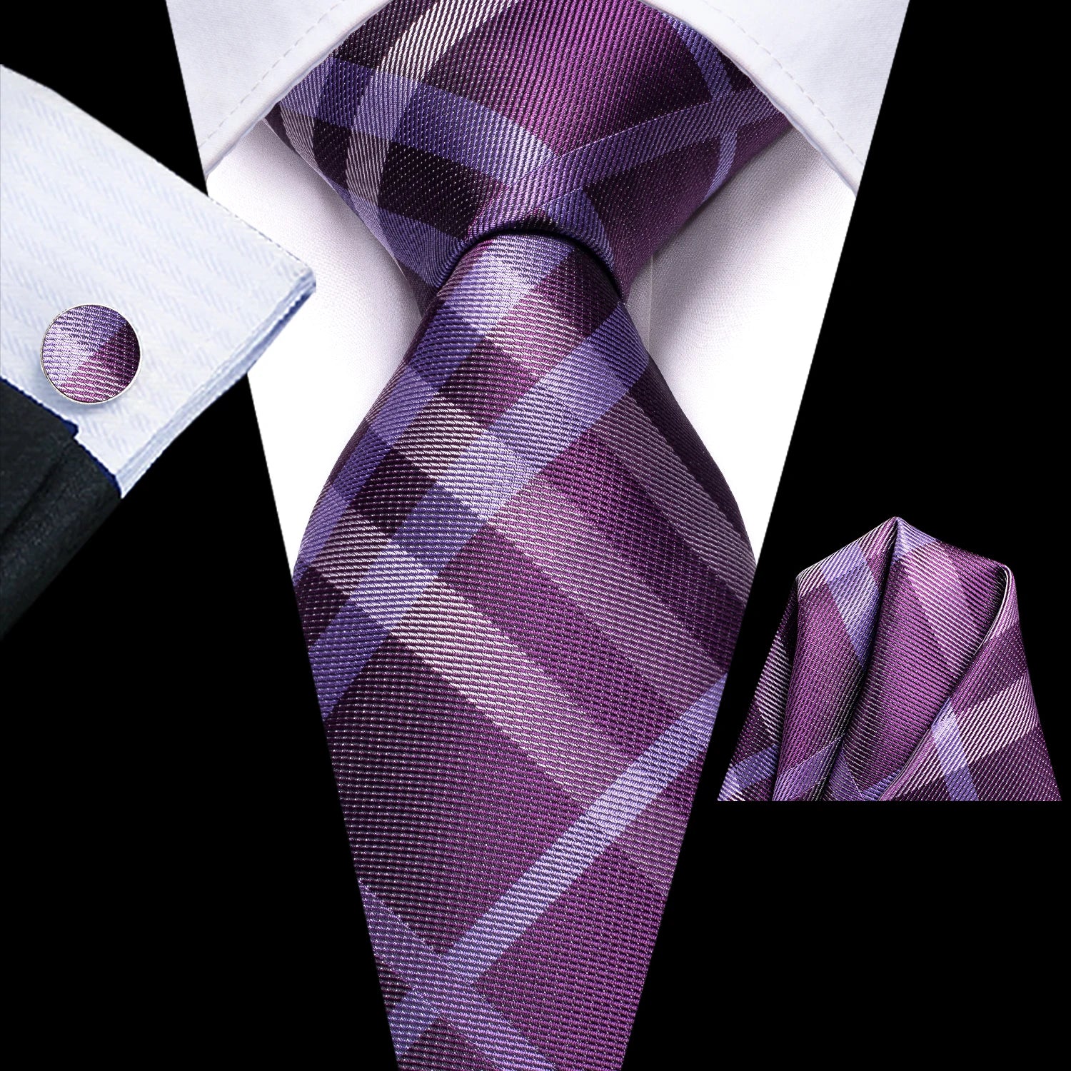 Conjunto 3 Peças Gravata Masculina Poliéster Roxa com Lenço e Abotoaduras